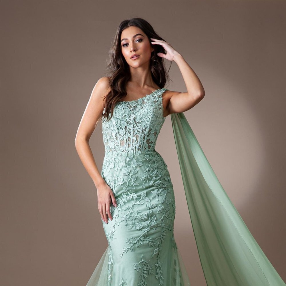 NEW LONG ONE SHOULDER SLEEVLEESS DRESS WITH SIDE CAPE & LACE EMBROIDERY AC 7048
